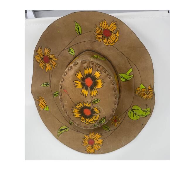 Vintage Leather Stitch Hand Painted Sunflower Wide Brim Ladies Hat ~AMAZING OOAK - Picture 4 of 16
